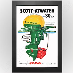 Motor fueraborda Scott-Atwater de 1955: póster publicitario vintage de gran calidad