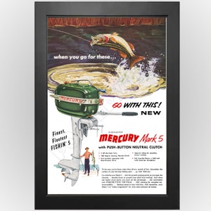 Póster publicitario vintage de motor fueraborda Mercury de 1953