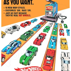 Cartel publicitario de estilo vintage de la fábrica de coches Hot Wheels de Mattel de 1970