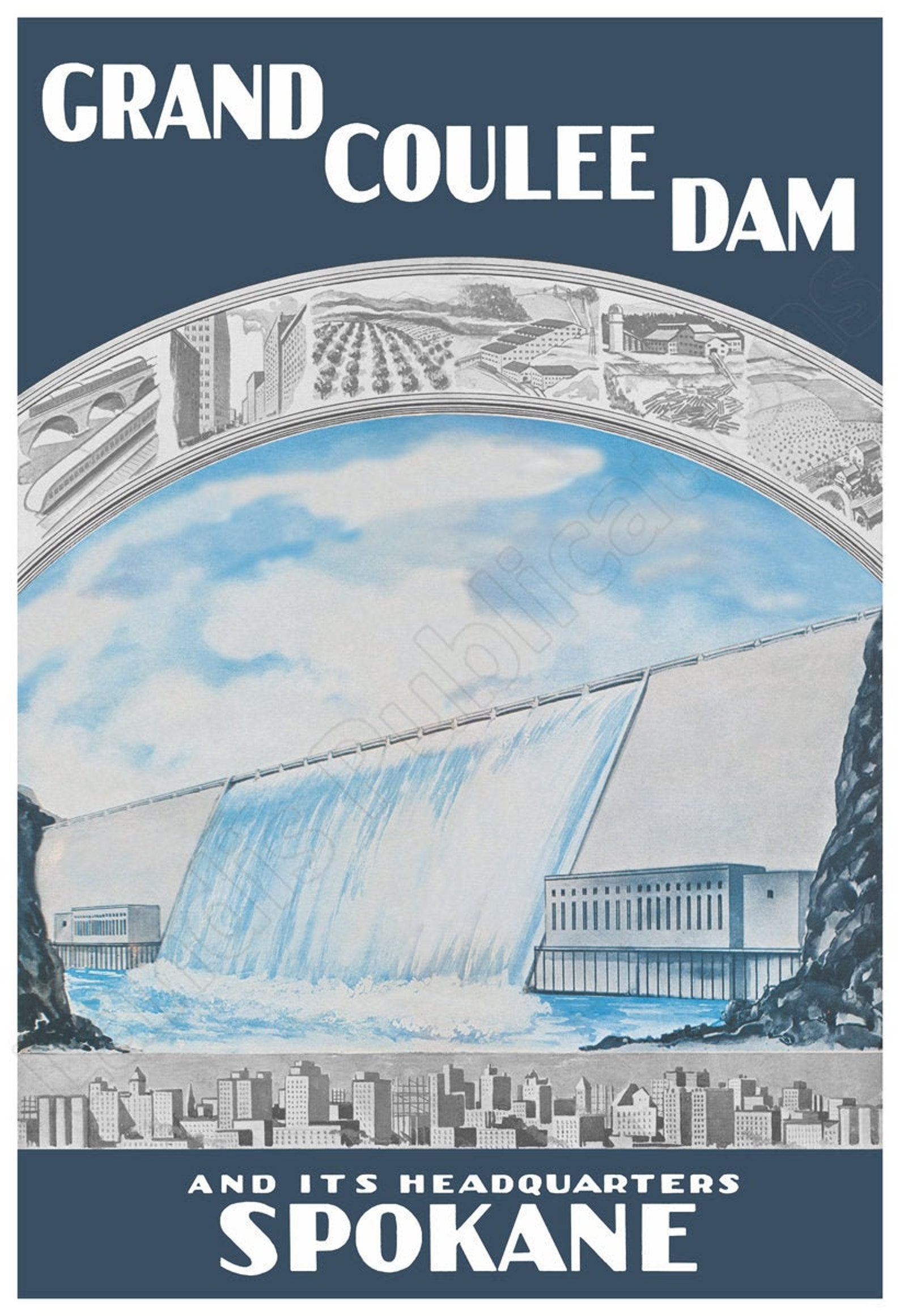 Grand Coulee Dam Spokane Washington 1935 Advertising Poster Etsy