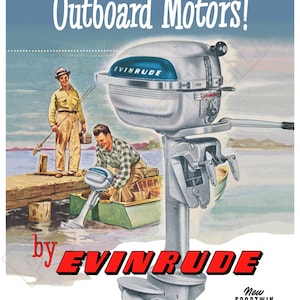 Afiche publicitario de estilo vintage de motor fueraborda Evinrude de 1948