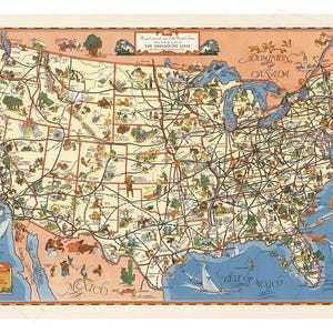 Greyhound Bus Lines 1939 Fun Pictorial Map Poster