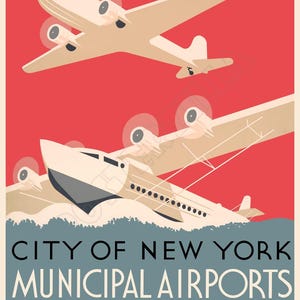 Aeropuertos Municipales de Nueva York: Póster publicitario de estilo vintage de la WPA, década de 1930