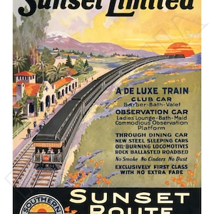 Cartel publicitario vintage de 1924 de Southern Pacific Railroad Sunset Limited