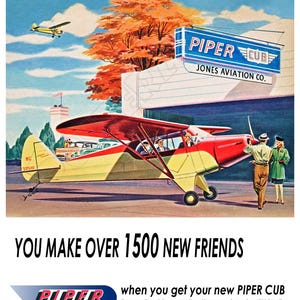 Póster publicitario de estilo vintage del avión Piper Cub de 1946