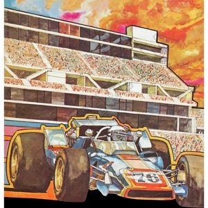 Cartel publicitario de la carrera inaugural de las 500 Millas de California de 1970 en el Ontario Motor Speedway.