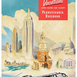 Cartel publicitario "Vacaciones en el Este" del ferrocarril de Pensilvania de 1951