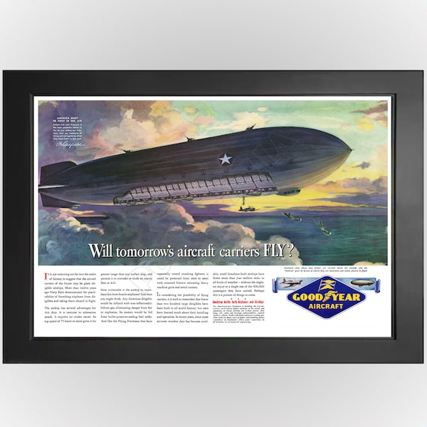 Goodyear Blimp WWII 1943 Flying Aircraft Carrier Vintage Poster