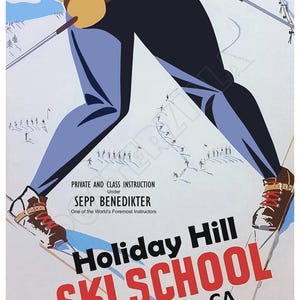 Escuela de esquí Holiday Hill, Wrightwood, Big Pines, California: cartel publicitario de los años 50