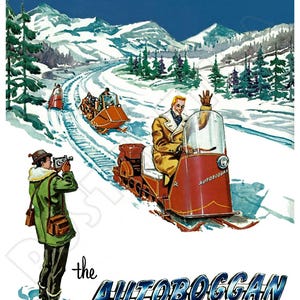Póster publicitario de estilo vintage de la moto de nieve Autoboggan de 1963