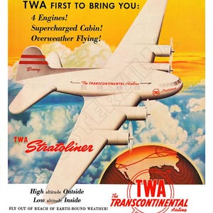 1940 TWA Boeing Stratoline Transcontinental Flight Advertising Poster