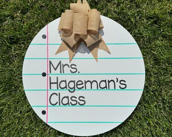 Personalized Wood Teacher Door Sign | Notebook Paper Classroom Decor