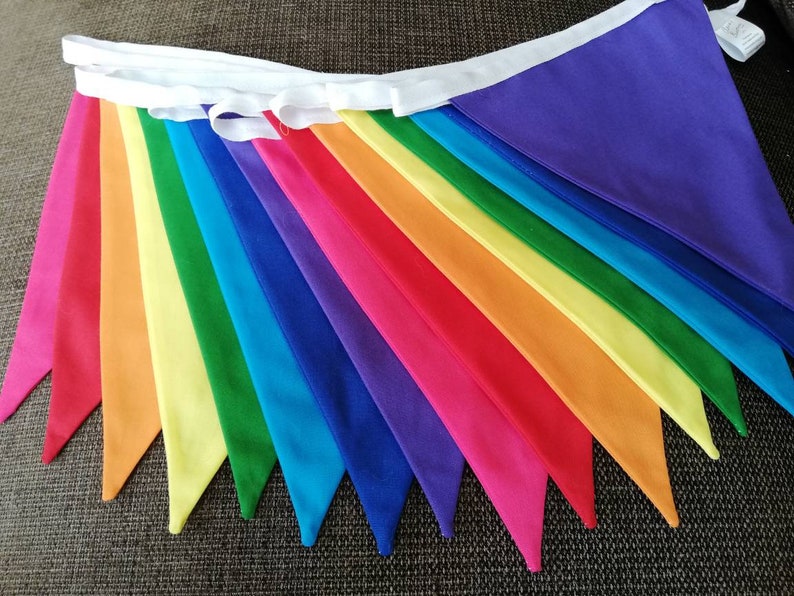 Rainbow coloured fabric bunting 16 flags - approx 4 metres 