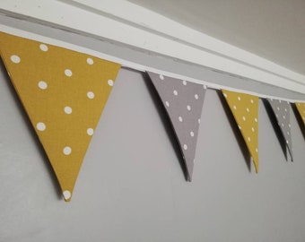 Grey and mustard fabric bunting, with white spots - 2, 3 or 4 metres