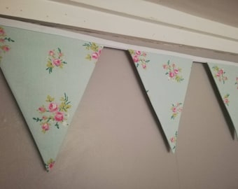 Vintage Style Floral Fabric Bunting - pale aqua background