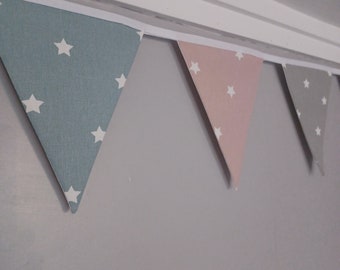 Pretty Stars bunting decoration.  Gorgeous soft cotton fabric in lovely shades of grey, blue, and pink.