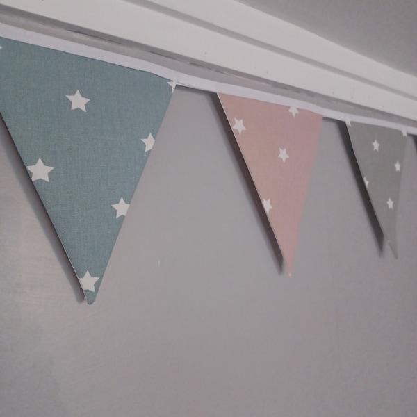 Pretty Stars bunting decoration.  Gorgeous soft cotton fabric in lovely shades of grey, blue, and pink.