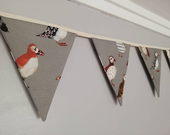 Puffin fabric bunting, gorgeous coloured puffins on grey background, 10 flags, approx 2.5 metres