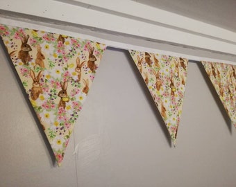 Easter bunny fabric bunting, lovely spring flowers and rabbits
