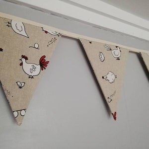 Chicken fabric bunting. Cartoon style white design on natural background, 8 flags, approx 2 metres.