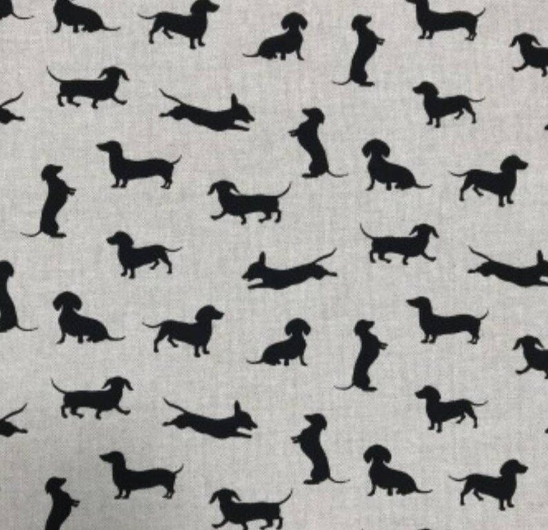 May include: A seamless pattern featuring black dachshund silhouettes on a light gray background. The dachshunds are in various poses, including running, jumping, and standing.