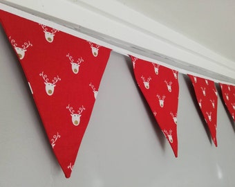 Red Christmas Bunting, Reindeer faces design, 2 or 3 metres