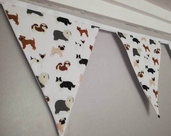 Dogs Print Fabric Bunting assorted dog breeds on white background fabric. Approx 2.5 metre length