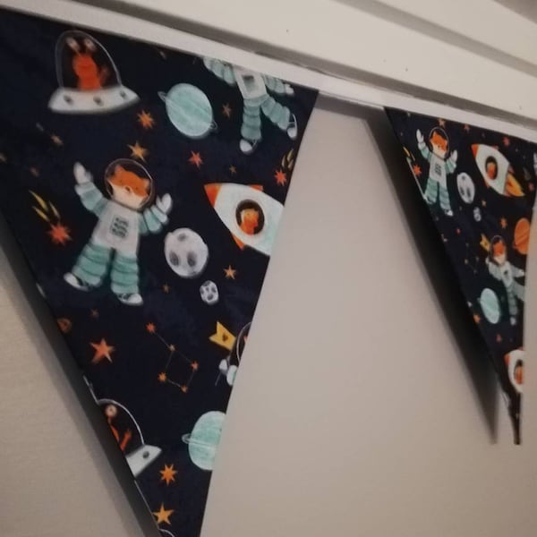 Spaceman fox fabric bunting, 10 flags, approx 2.5 metres - Nursery decor - new baby gift - playroom accessories - children's wall hanging
