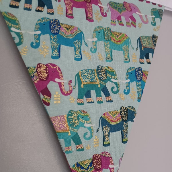 Jaipur elephants fabric bunting, vibrant colours, Indian theme decor