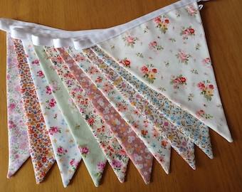 Dainty mixed florals fabric bunting, shabby chic style, wedding decor, vintage style bunting