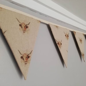 Highland cattle fabric bunting on natural background, country home decor, assorted length options