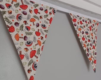 Mushrooms, acorns,  pine cones and toadstools fabric bunting