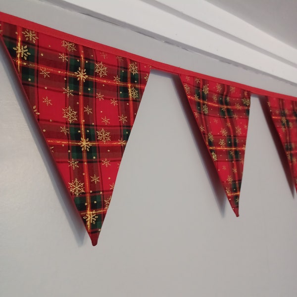 Red Tartan fabric bunting with gold snowflakes - 10 flags, approx 2.5 metres