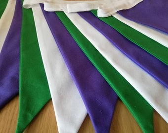 Suffragette or Gender Queer theme fabric bunting - purple, white and green