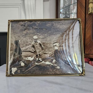 Antique Convex Glass Brass Ornate Picture Frame With Photograph