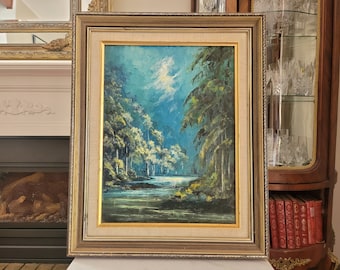 Vintage Framed Nightime Forest Oil Painting