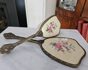 Vintage Petite Point Embroidered Hand Mirror And Hairbrush