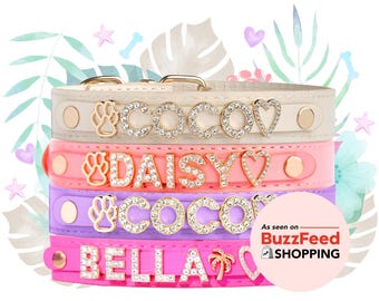 Custom Name Dog Collar, Personalized Bling Pet Necklace, Vegan Leather Accessory