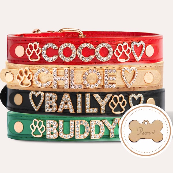 Custom Dog Collars with Name | Top Vegan Soft Leather | 5 Size to Fit All Breeds | Variety of Colors | Option to Add Cute Charms