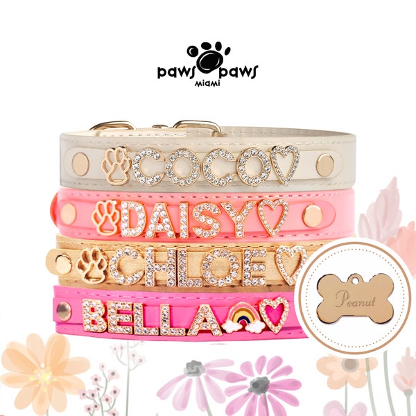 Custom Bedazzled Collars, Custom Girl Bling, Leather Personalized Name Collar, Accesory Gift Box, Boy or Girl, Puppy to Extra Large Dog Gift