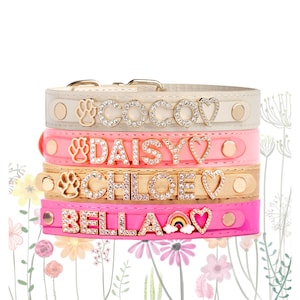 Fancy Dog Collar for Girl Dog | Leather Name Dog Collar | Crystal, Bling, Diamond | Unique Personalized Collar | Pink, Black, Red