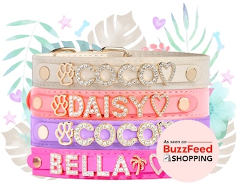 Personalized Vegan Leather Dog Collar, Gold & Cubic Zirconia Name