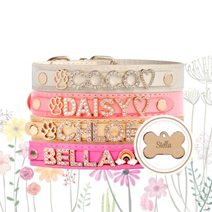 May include: Four stacked pet collars in white, pink, gold, and bright pink, each featuring rhinestone-encrusted letters spelling COCO, DAISY, CHLOE, and BELLA, with charms including paw prints, hearts, and a rainbow, plus a bone-shaped tag labeled Stella.