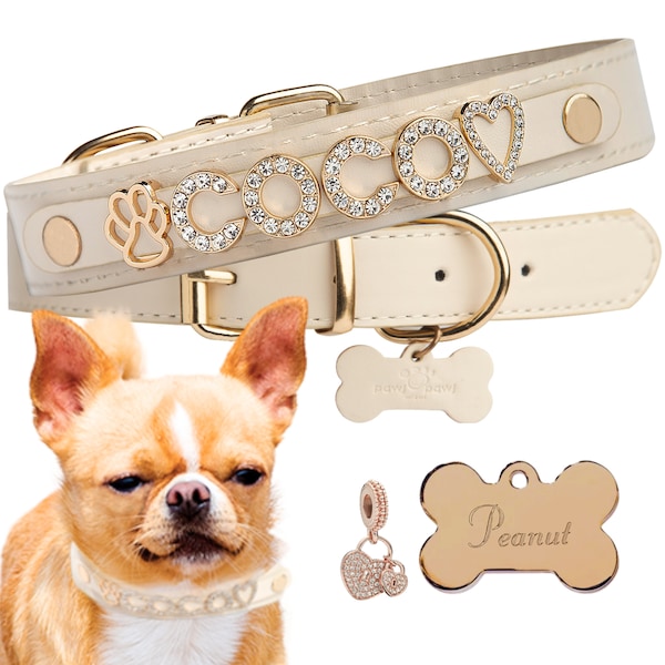 Collares para perros personalizados con nombre / Cuero suave vegano superior / 5 tamaños para adaptarse a todas las razas / Variedad de colores / Opción para agregar lindos amuletos