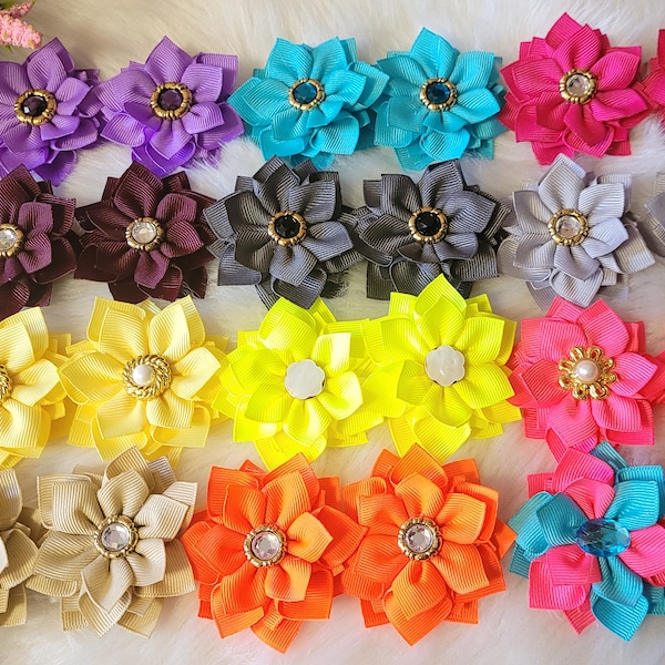 FLOWER HAIRBOWS, Grosgrain Ribbon Bows for Toddlers , Girls /French Barrettes, Hair Clips, Ponytail Rings