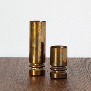Heavy Vintage Candle Holders Set of 2 Brass Hooped Style Candlesticks Mid-Century Modern Modernist Scandinavian Design Made in Denmark