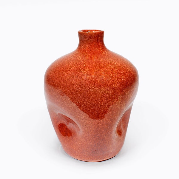 Speckled Glaze Vintage Vase Dimple Gourd Style Salmon Brown Ceramic Pottery Design Aesthetic Movement Influenced Stamped Attributed USA