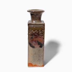 Vase bouteille rectangulaire vintage Art Studio poterie brun rouille glaçure en céramique Design abstrait d'influence japonaise signé attribué Canada