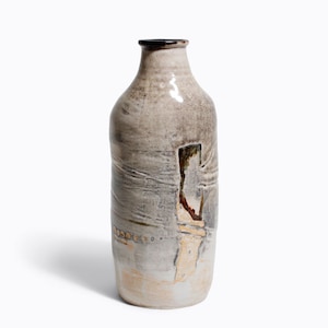 Vase bouteille vintage moderniste Art Studio poterie gris glacé émaillé dans des tons de terre, céramique design abstrait Wabi Sabi, décoration signée, attribué au Canada