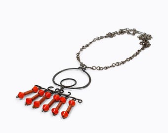 Bohemian Vintage Necklace Wire Pendant Blackened Bronze with Orange Beads Handcrafted Scandinavian Style